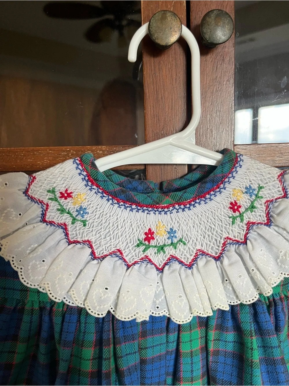 Blue and Green Plaid Smocked Kids Dress with White Lace Collar